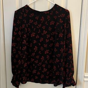 LOFT Large Petite Black and Red Floral Blouse